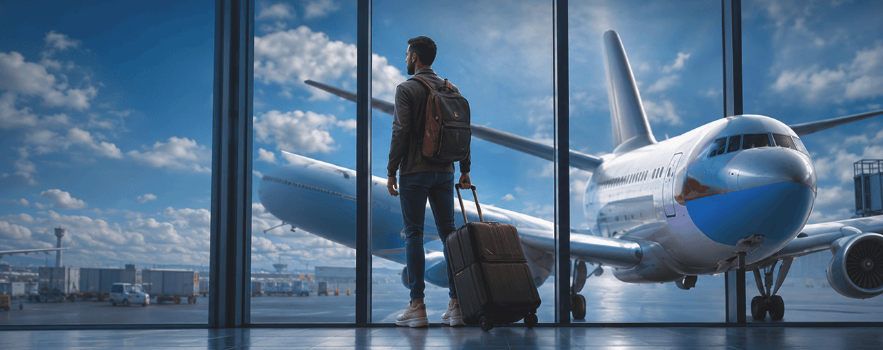 Traveler looking at an airplane through an airport window